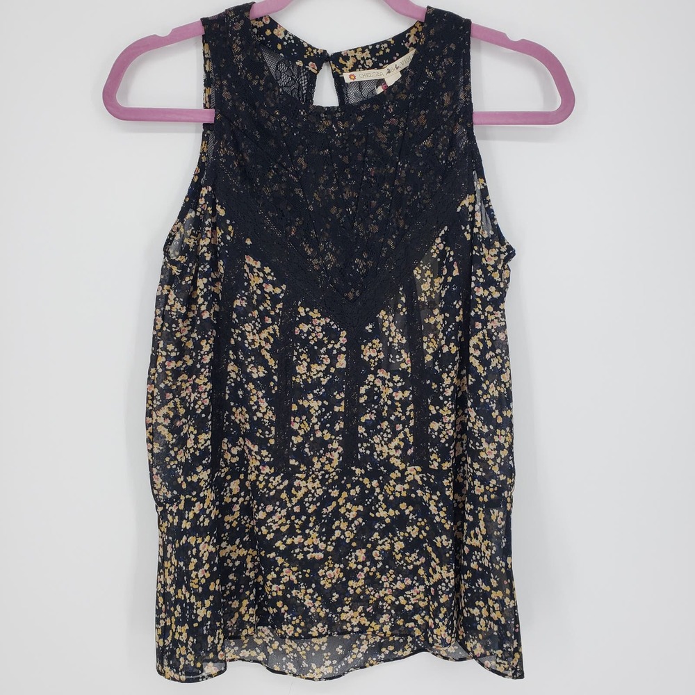 Chelsea & Violet Floral Top S Lace Sleeveless Blouse Peplum Hem Boho Sheer Black